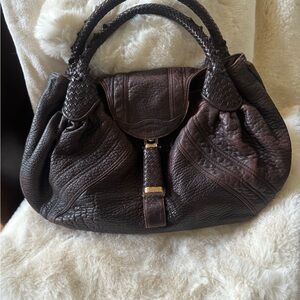 FENDI Spy Leather Handbag Hobo Shoulder  Purse Zucca Pattern Leather Authentic